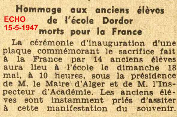 Hommage aux anciens élèves de l'école Dordor morts pour la France 